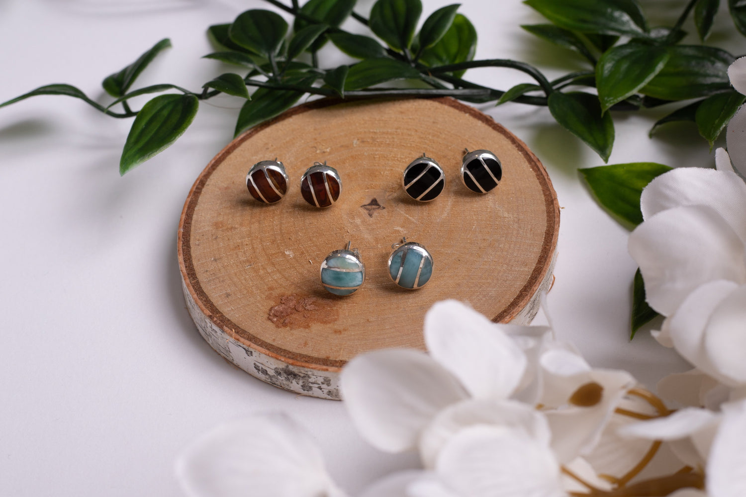 Larimar, Amber, Black Caracol Stud Earrings in Sterling Silver - Silver Lining