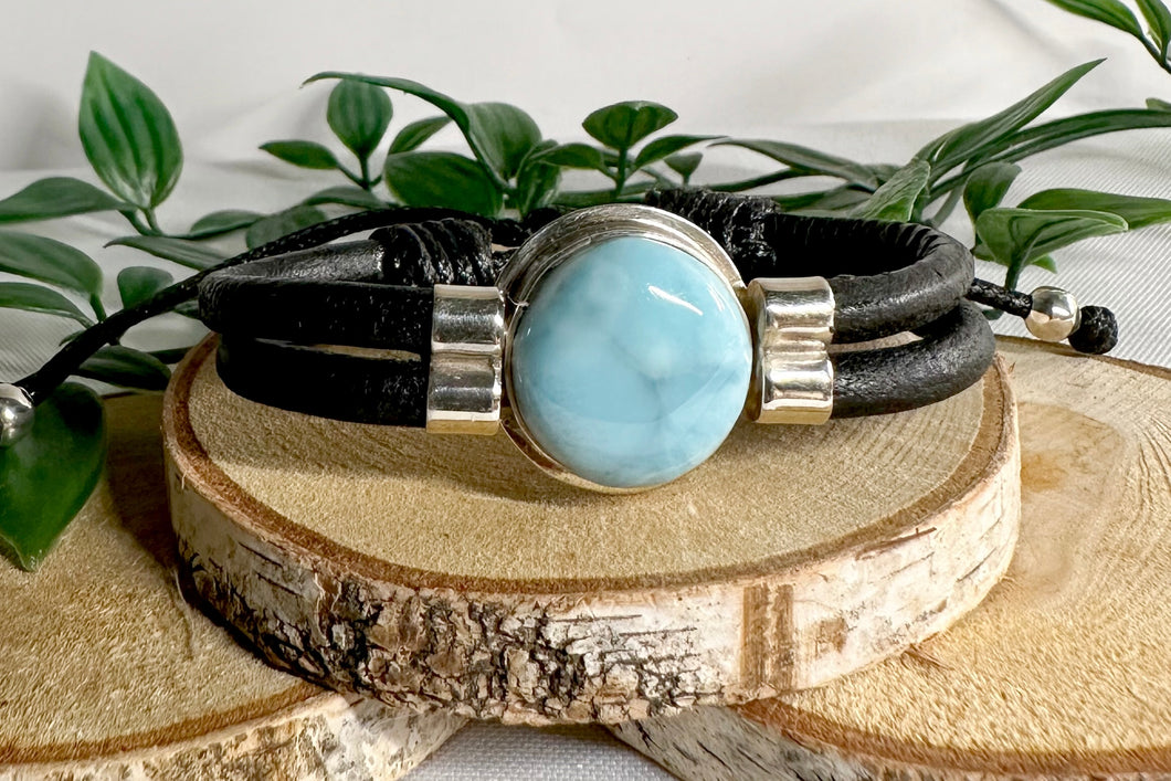 2 strand leather bracelet, Black with Circular Larimar stone 